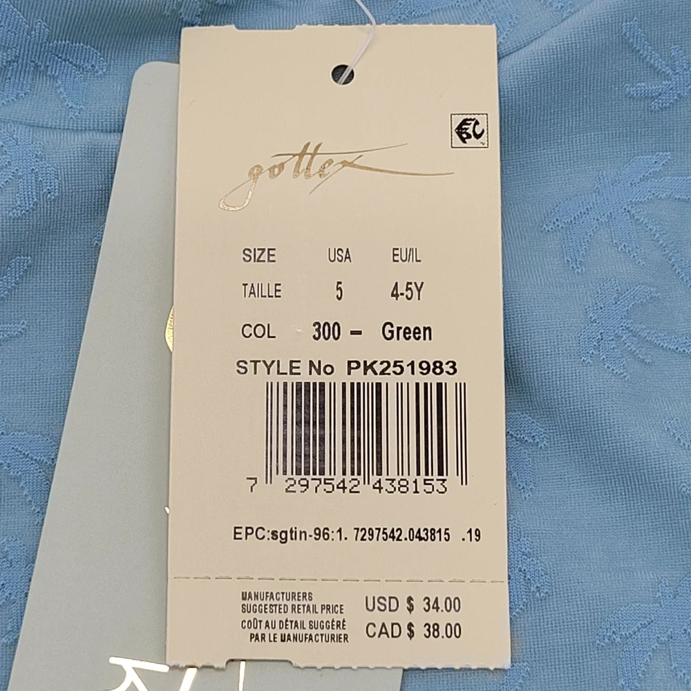 Gottex Kids Swim Set Long Sleeve Rashgaurd Teal Blue Palm Print Size 5 NEW